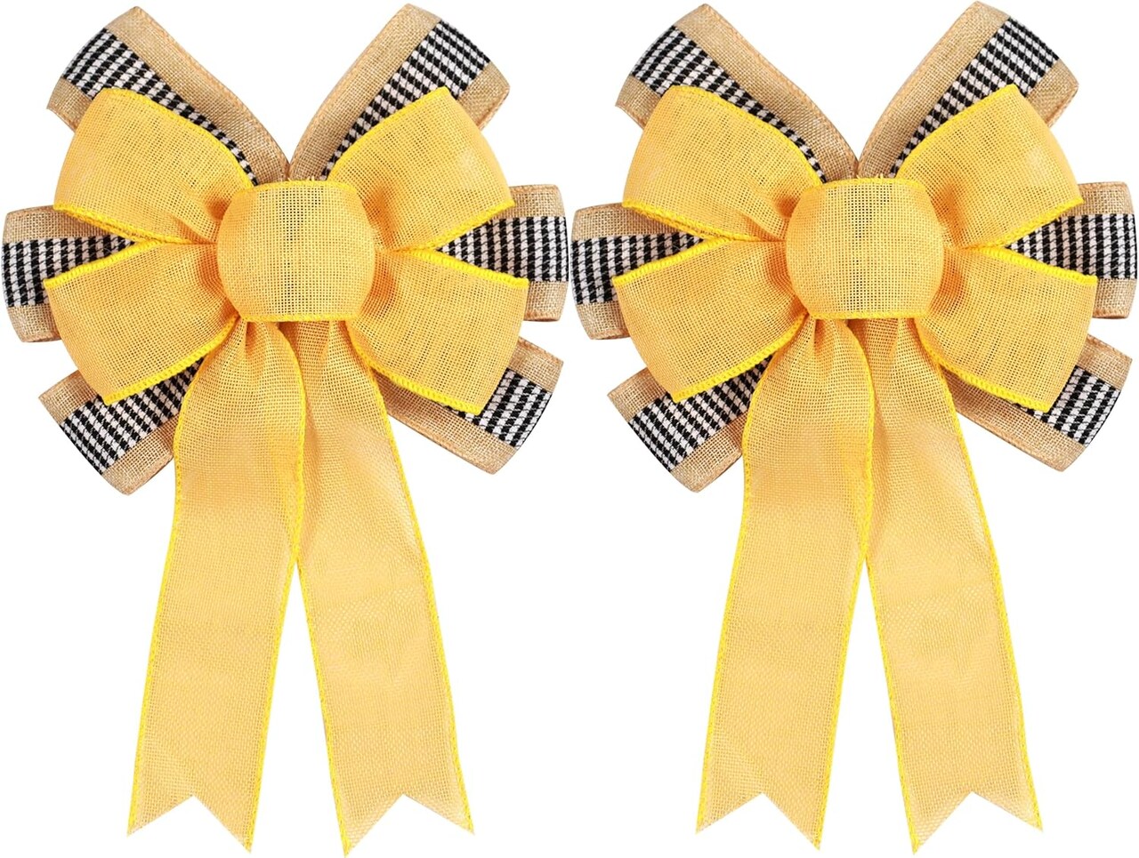 2 PCS Spring & Summer Wreath Bows – Yellow Burlap with Black & White Stripe Ribbon for Holiday Wreaths, Tree Toppers, Front Door, and Outdoor Decorations